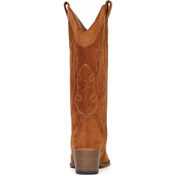 Women's Elegance Embroidery Brown Chunky Heel Mid Calf Snip Toe Western Boots - Picture 5 of 6